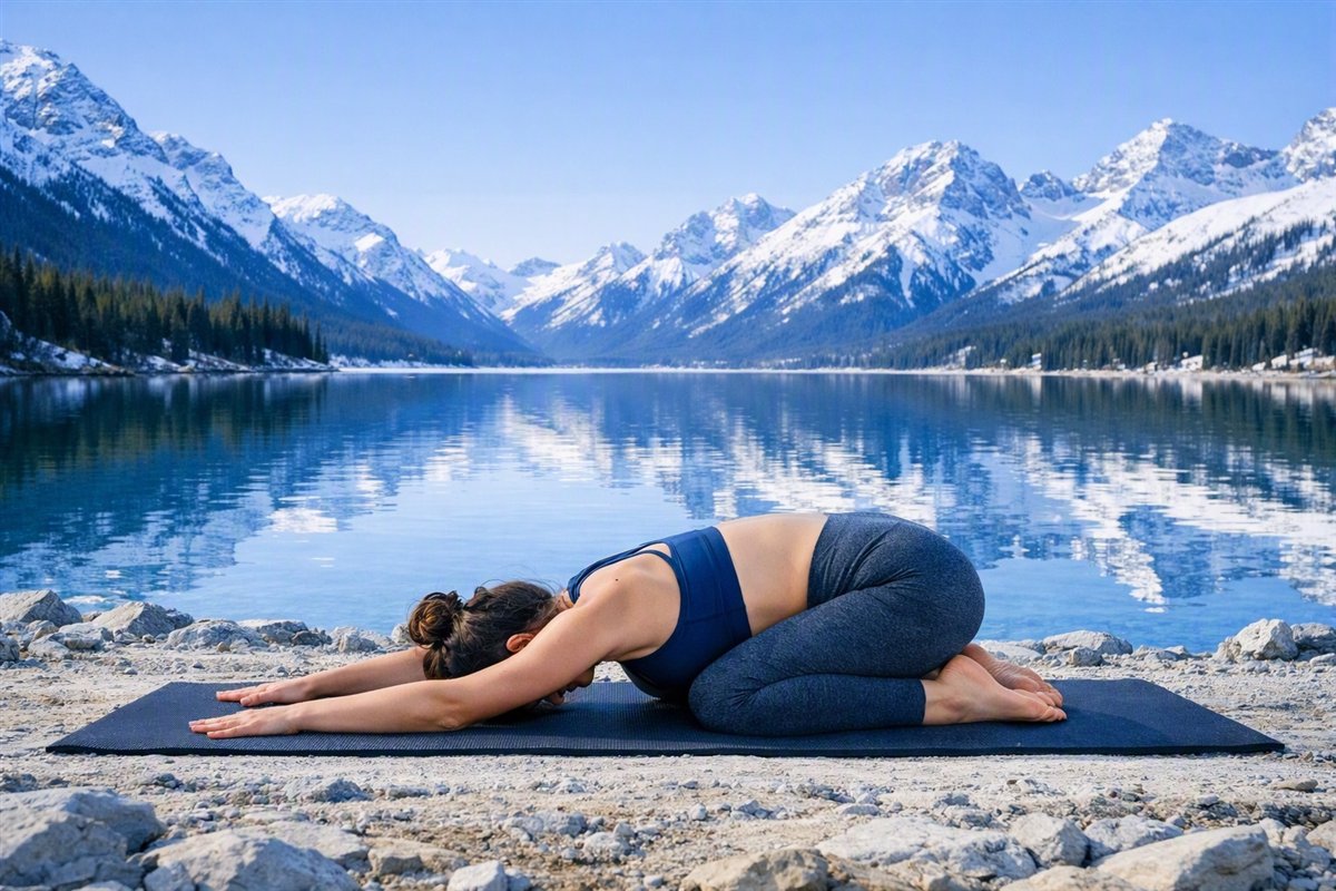 Mujer en la postura del niño con los brazos extendidos al frente, junto a un lago de montaña con picos nevados