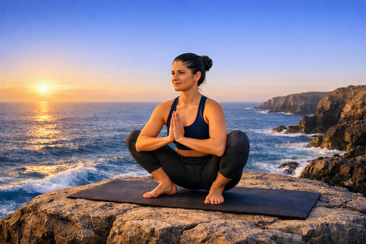Mujer en sentadilla profunda con las manos en oración sobre una roca frente al mar al atardecer