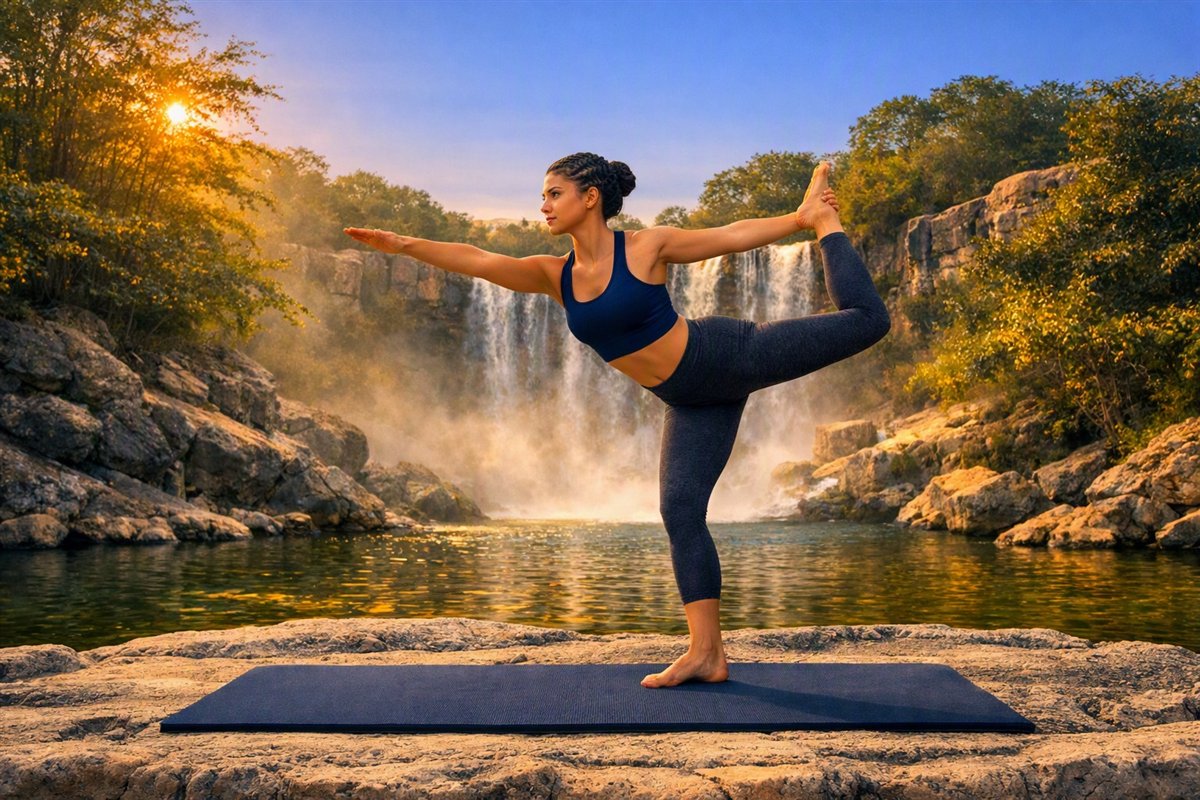 Mujer en postura del bailarín sobre una roca frente a una cascada, sujetando el pie elevado con un brazo extendido al frente