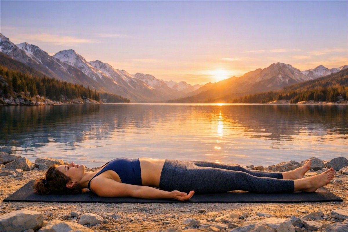 Mujer tumbada boca arriba en relajación, con las piernas y los brazos sueltos, junto a un lago al atardecer