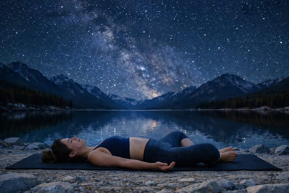 Mujer tumbada boca arriba junto a un lago bajo un cielo estrellado, con las rodillas flexionadas caídas hacia un lado