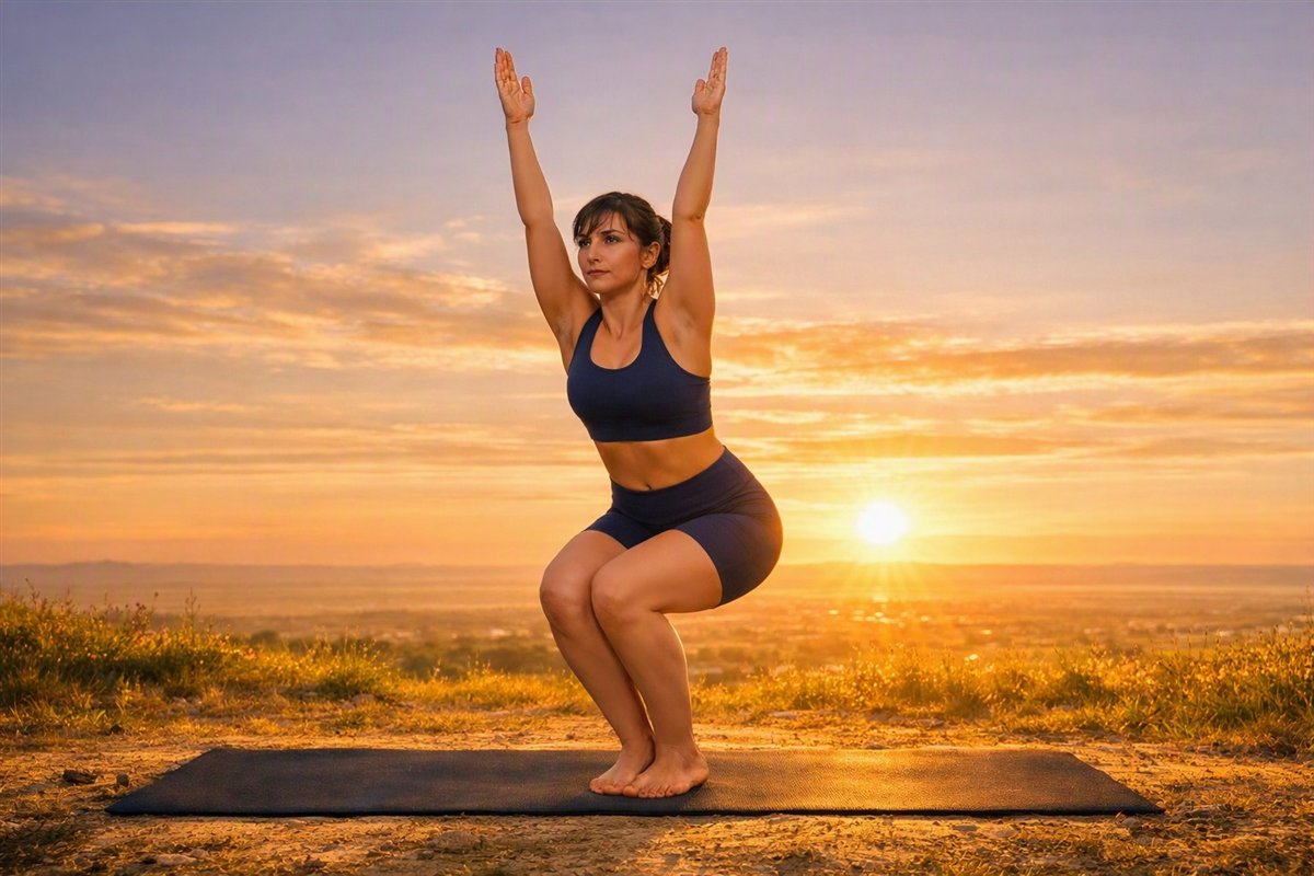 Mujer en la postura de la silla con los brazos elevados, frente a un atardecer dorado