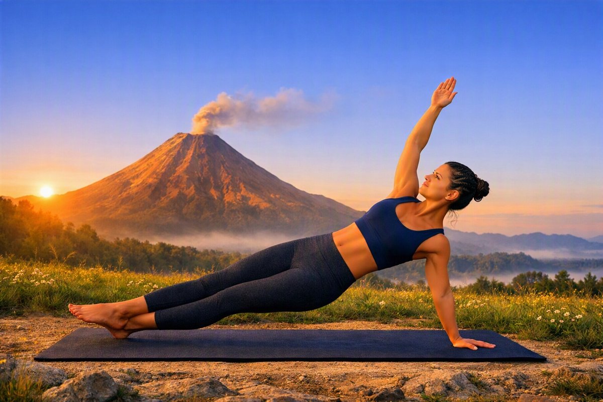 Mujer en plancha lateral sobre una esterilla, con el brazo superior elevado y un volcán humeante al amanecer al fondo
