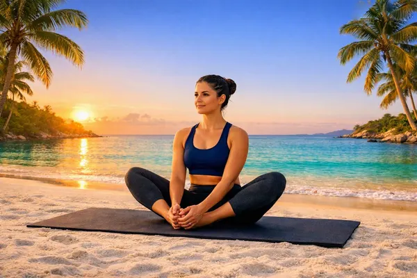 Mujer sentada en la postura del ángulo atado frente al mar al atardecer